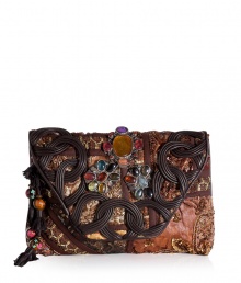 Unleash your urban traveler with Antik Batiks embellished clutch, detailed with sequined patchworking for that cool global feel - Chocolate leather trim, multicolored metal set stone embellished flap, allover metallic sequin embroidery, bead detailed leather tassels, flap with magnetic snap underneath, inside zippered back wall pocket - Team with floral hippie dresses and boots, or with cool layered separates and colorful chunky jewelry