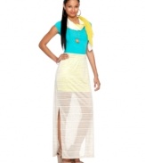 A neon underlay adds irreverent appeal to this sheer striped Bar III chiffon maxi skirt -- a spring must-have!