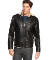 Get some edgy style with this zip front faux-leather hoodie jacket from INC International Concepts.