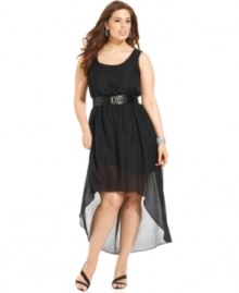 London Times takes the high-low look to new heights with this flattering plus size belted dress. Pair with statement shoes for a look you'll love wearing out this summer!