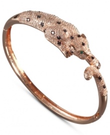 Fabulously fierce. EFFY Collection's stunning bangle bracelet features a prowling panther decorated by round-cut black diamonds (1/3 ct. t.w.) and white diamonds (3 ct. t.w.) with sparkling emerald accents as eyes. Set in 14k rose gold. Approximate diameter: 2-1/10 inches.