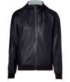 Luxe walking night washed leather jacket from Marc by Marc Jacobs - Channel downtown-inspired cool in this leather hoodie - Made of supple lambskin with knit waistband and cuffs - Front zip closure and zipper pocket details - Wear with straight leg jeans, a long sleeve henley, and motorcycle boots