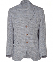 Elegant jacket in black and blue linen, cotton and silk blend - Lightweight and luxurious - Classic Prince of Wales check motif - Slimmer silhouette tapers gently at waist - Single breasted, with three-button closure - Small collar and lapels - Flap pocket detail at front - Back slit - A polished, timelessly cool essential in any wardrobe - Go for a more casual look with straight leg jeans and a t-shirt, or dress up with trousers and a button down