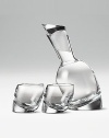 This modern bar set has all the angles: a full lead crystal decanter with matching stopper and two gently tilted double old-fashioned glasses. Handmade Comes in Nambé blue gift box 11 decanter 10 oz. glasses Hand wash gently Imported