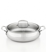 Prep quick, dish it out & clean up easily with this stainless steel dishwasher-safe kitchen essential. With an aluminum encapsulated impact-bonded base, this sauteuse heats up fast & evenly with a bell-shaped body that enhances moisture circulation for tender, flavor-rich results. Limited lifetime warranty.