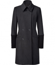 Sophisticated dark charcoal wool-blend coat - Stay warm and look chic this winter in this stylish wool-blend coat - Sleek double-breasted cut and edgy ribbed sleeve detail - Wear with wide-leg trousers, a pullover, and heels for a professional look - Try with leggings, a mini-dress, and knee-high boots