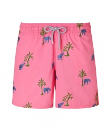 Make a stylish splash this summer with cult St. Tropez label Vilebrequins pink swim trunks - Fast-drying, lightweight synthetic fiber material - Chic, palm tree and elephant embroidery in eye-catching shades of green and blue - Classic boxer cut with elastic waist and drawstring tie - Moderately slim and straight through the leg - Cool and comfortable, perfect for the beach or pool