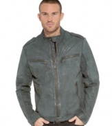 Roughen up. Add some edge to any outfit with this cool leather moto jacket from Marc New York.