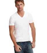 V-neck slub jersey tee shirt with small snap pocket at neckline.