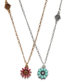 Peace, flowers and best friends: Lucky Brand knows what girls want. Spread the love by sharing one of these floral pendants with your favorite girl. Necklaces crafted in silver tone and gold tone mixed metal, rose quartz and epoxy. Approximate length: 16 inches + 1/2-inch extender. Approximate drop: 1/2 inch.