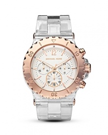 Opt for contemporary chic with this acetate watch with rose-gold plated head from MICHAEL Michael Kors. A white dial boasts three-eye design, arabics and indexes and quartz movement.