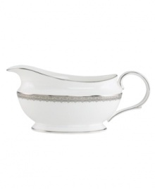 Inspired by the trim on an elegant gown, the graceful Lace Couture gravy boat features an intricate platinum border that combines harmoniously with white bone china for unparalleled style. From Lenox. Qualifies for Rebate