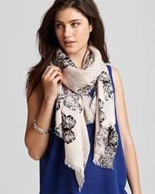 Beautiful butterflies flit and flutter across this lightweight wool scarf from Lola Rose.