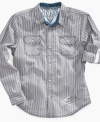 Casual goes classic with this sharp striped Guess shirt that will keep him comfortable through the school day.