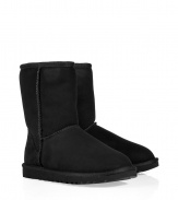 A true original and casually stylish go-to from Ugg, the classic black short boot is a perennial must - Crafted from twin-faced sheepskin and featuring exposed seams, reinforced heel, traction outsole and signature Ugg label - Fleece-lined for superior warmth and comfort - Shorter, mid-calf height ideal for wearing under or over pants - Truly versatile, perfect for pairing with everything from skinny jeans to yoga pants to miniskirts