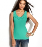 INC's basic tank top looks more elegant with a neckline full of rosettes!