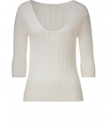 Ultra luxe ivory needle knit top from M Patmos - Add luxury to your everyday look with this delicate knit merino wool top - Scoop neck, 3/4-sleeves, micro rib detail - Wear with straight leg jeans, a tweed blazer, and platform booties