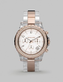 Rose gold plated stainless steel and Swarovski crystal in a sporty chronograph design.Analog movement Water resistant to 10 ATM Swarovski crystal bezel Round stainless steel case, 42mm, (1.65) White chronograph dial Date display between 4 and 5 o'clock Crystal, numeral and index hour markers Second hand Acetate and stainless steel link bracelet Imported 