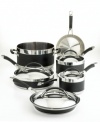 This Anolon Ultra Clad cookware set is so sleek, so well-crafted, you could design an entire kitchen around it. Three layers of metal compose each exceptional body: a thick inner core of quick and even heating aluminum is sandwiched between gleaming stainless steel. Limited lifetime warranty.