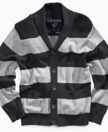 Ivy League styling on a machine-washable sweater for the young man of letters. Shawl-collared, button-front cardigan from GUESS.