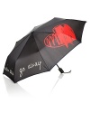 The silver lining of stormy days, this Felix Rey umbrella features a scribbled red heart and rain rain go away print.