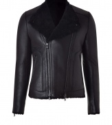 Thick, luxurious shearling jacket in fine black lamb leather - Slim, slightly fitted in a modern moto-style cut - Asymmetrical zipper placket with zipped pockets and sleeves - Wear with dark denim slim jeans and favorite boots for a casual, stylish downtown look