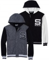 A fleece hoodie with the looks of a varsity letter jacket: Sean John zip front hooded sweatshirt with S and the Roman numerals for 1969, the year designer Sean Combs was born.