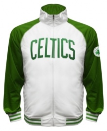 The Most Valuable Fan wears this baseball style running jacket featuring the Boston Celtics by Majestic.