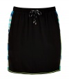 Detailed with candy-colored striped sides, NY born and raised designer Jonathan Simkhais black silk skirt is an effortless way to dress up your look - Elasticized drawstring waistline, neon yellow trim, longer back - Loosely draped fit - Wear with an airy silk tee and flats