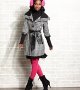 Faux-leather accents and a striking, houndstooth pattern lend eye-catching style to Jou Jou's wool-blend, three-quarter sleeve coat.