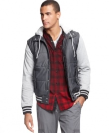 Part collegiate cool, part downtown hip, this hodded jacket from Bar III is all great fall style.