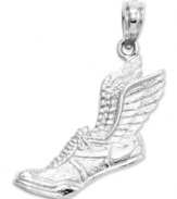 Cross the finish line in style. This sporty running shoe and wings charm is perfect for the aspiring Carl Lewis. Crafted in textured 14k white gold. Chain not included. Approximate length: 1 inch. Approximate width: 3/5 inch.