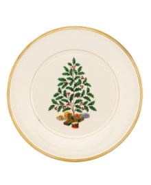 Trim your holiday dinnerware and dishes collection with this festive accent plate. A band of radiant gold and a few presents below its tree make the beloved Christmas pattern shine brighter than ever.