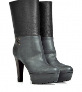 Dont let cold weather foil your stylelook chic and stand tall in these grip sole combo-leather boots from Sergio Rossi - Round toe, ultra-high front platform, chunky high heel, crisscross side detail with grommets, smooth leather upper with textured leather at ankles, pull-on style - Wear with skinny jeans, a mini-skirt, or leggings