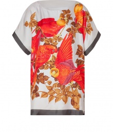 Work an exotic edge into your chic daytime look with Paul & Joes radiant red parrot print silk top, an easy and vibrant way to wear this seasons graphic print trend - Round neckline, dolman short sleeves, charcoal trim, slit sides - Perfect for layering over skinnies with edgy leather boots