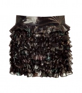 Adorable black lame mini skirt from Marc by Marc Jacobs - Make a stylish impact with this party-perfect tiered mini skirt - Sunburst metallic print, wide waistband, tiered lame ruffles - Style with a draped tank, boyfriend blazer, and peep-toe platforms