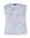 A stylish striped V-neck tee is crafted from soft cotton jersey and finished with smocked shoulders for a pretty look.