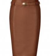 Luxurious brown washed Tuscany lamb Pembroke skirt- Make a statement in this figure-hugging pencil skirt - Stylish attached belt and back slit - Wear with a cashmere pullover and heels for updated office attire - Try with a pattern blouse and platforms