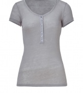 Amp up your casual basics with this easy-to-style flattering short sleeve henley from Majestic - Scoop neck, front button half placket, short sleeves, slim fit - Pair with skinnies, a draped cardigan, and platform booties or with denim cut-offs and platform sandals for a casual warm weather look