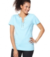 This easy tee from Karen Scott features a little sparkle, thanks to rhinestones at the neckline. Pair it with dark jeans or black trousers for everyday ease.