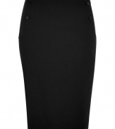 Elegant pencil skirt in fine, black wool and linen blend - Flattering, feminine silhouette, hits just above the knee - Slim cut with side zip - Large, curved pockets with two-button detail at hip - A chic classic that works for day or evening - Pair with a silk button down blouse and leather jacket or blazer and platform pumps