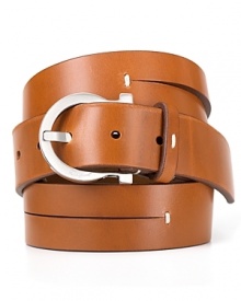 The time-honored tradition of Salvatore Ferragamo continues to innovate on classic designs like this exceptional belt. Slit across the band, the premium leather is accented with thin vertical threading and a Gancini logo buckle refines the look.