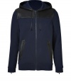 Detailed with slick tonal paneling, Marc by Marc Jacobs navy hoodie is an edgy way to dress up laid-back looks - Drawstring hood, long sleeves, zippered cuffs, zippered front pockets, zippered front - Slim fit - Wear with jeans and biker-style boots