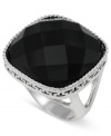 Make a bold statement at any engagement with this sterling silver ring. A square faceted onyx (24 mm) at the center only enhances the appeal. Approximate diameter: 9/10 inch. Size 7.