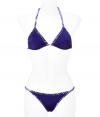 Luxe bikini in fine, synthetic fiber blend - Especially comfortable and flattering, thanks to a generous amount of stretch - Vibrant in violet blue with multicolor braided ribbon trim - Triangular halter top with adjustable cups ties at back and nape of neck - String brief offers modest coverage at rear - Sexy and fun, a must for you next vacation or beach getaway - Wear solo or layer beneath a caftan and pair with wedge sandals