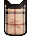 An iconic way to stash away your favorite accessory: Burberry Londons characteristic check phone case - Haymarket check coated canvas, chocolate leather trim, open top - Slip into your back pocket, or stash away in a sophisticated leather handbag