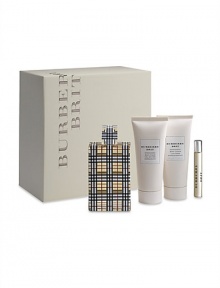 Burberry Brit for Women epitomizes modern day British style. Classic, fresh and feminine, it is a timeless scent with a spirited attitude. Experience Burberry Brit for Women with this Gift Set that includes a 3.3 oz. Eau de Parfum Spray, 3.3 oz. Energizing Body Lotion, 3.3 oz. Refreshing Shower Gel and 0.25 oz. travel-size Purse Spray in a gift-ready box. 