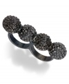 Have yourself a ball, twice over, with this two-finger ring from Bar III. Crafted from hematite-tone mixed metal, the ring's crystal accents raise the bold factor even higher. Size 7, 8.