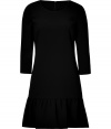 Simple and feminine, DKNYs ruffle trimmed black dress is an elegant choice for all-season sophistication - Round neckline, 3/4 sleeves, ruffled hemline, hidden back zip - Softly tailored fit - Wear with bright heels and a metallic dusted clutch