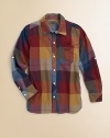 Rustic style gets a sophisticated edge in this multicolored button-down with an oversized check pattern.Point collarLong roll-tab sleeves with button cuffsFront button placketFront patch pocketCurved hemMachine washImported